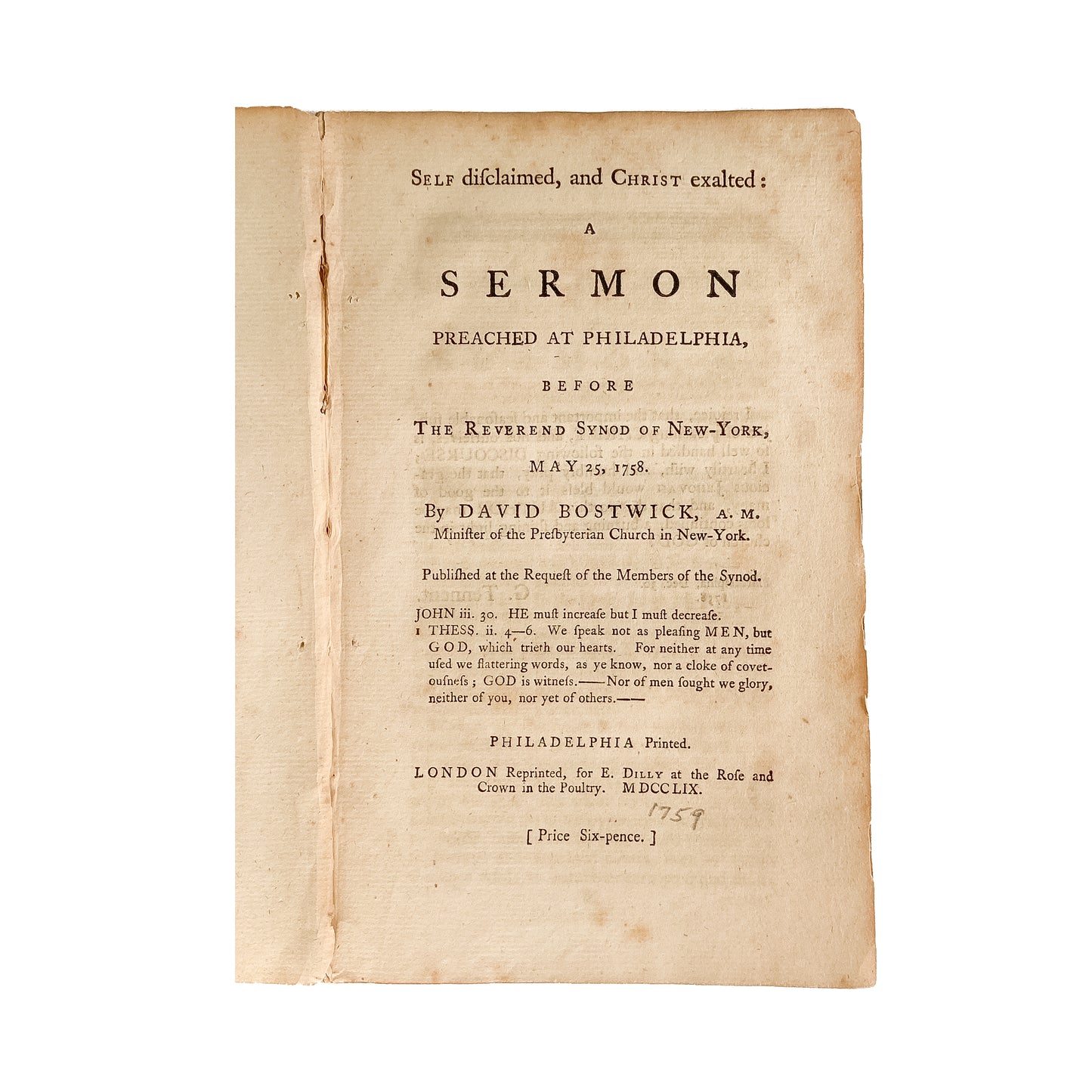 1759 GILBERT TENNENT. Great Awakening Divine on Christ-Centered, Revivalist Preaching.