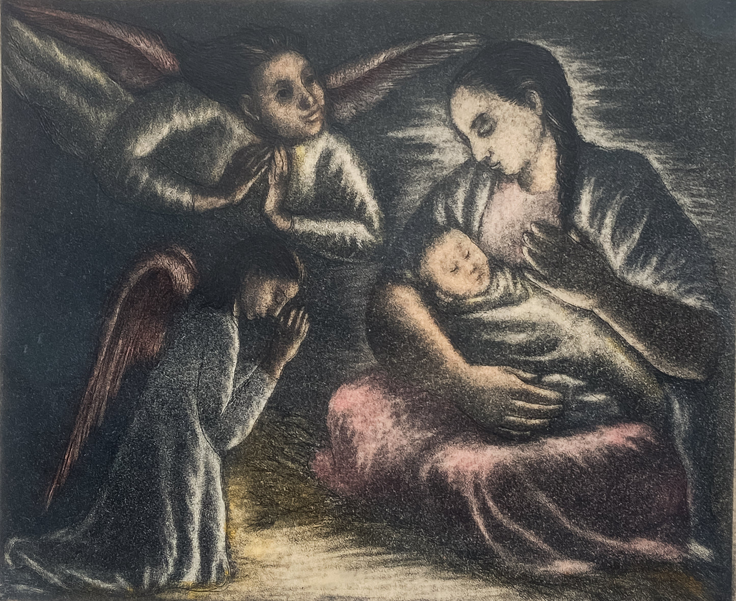 1943 LA VISITACION. Important Signed Aquatint by Celia Calderon de la Barca [1921-1969].