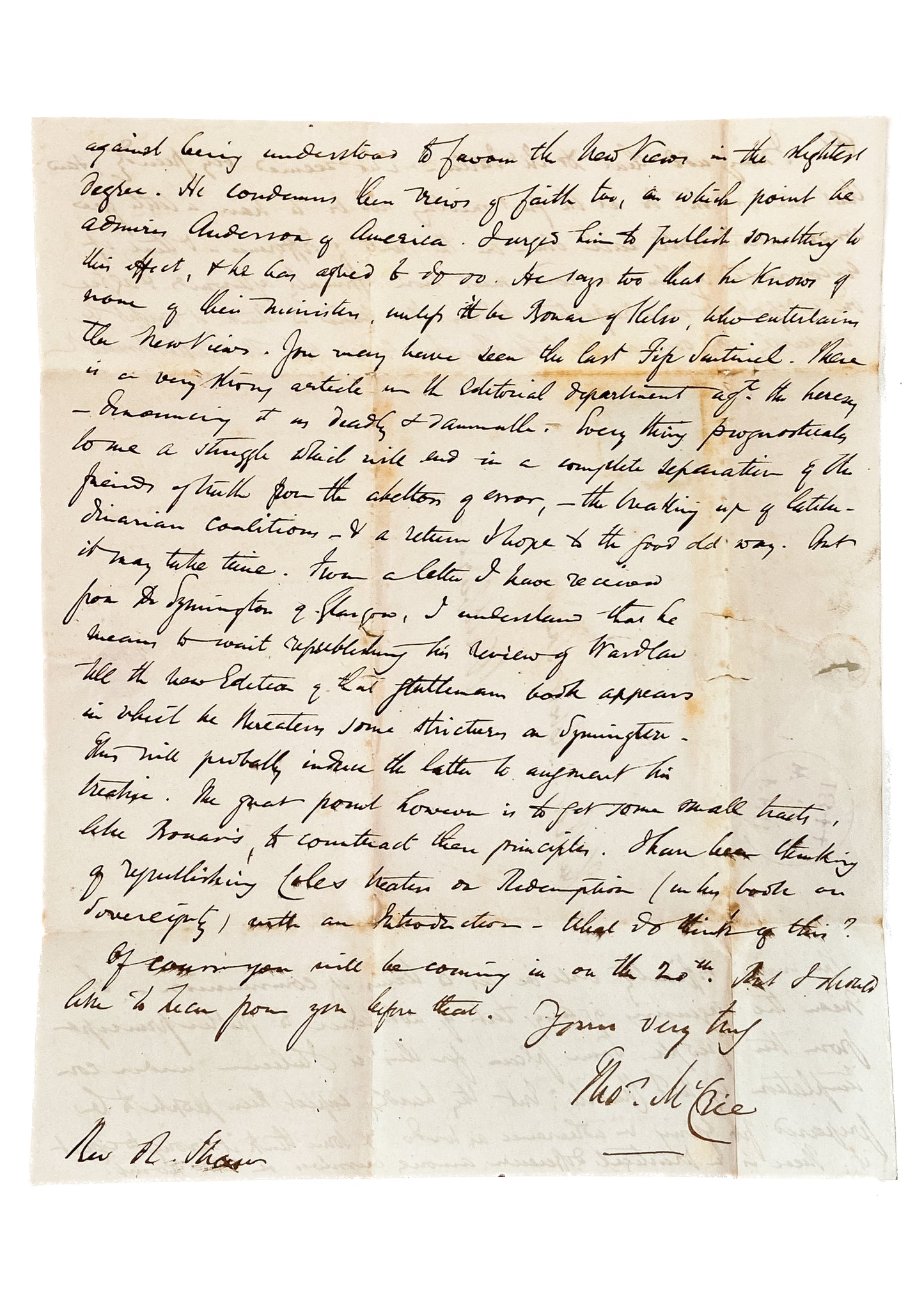 1844 THOMAS McCRIE. Fascinating Letter on Scottish Free Church & Original Secession Church Merger!