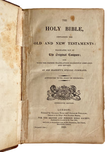 1829 SUNDAY SCHOOL ISSUE BIBLE. Rare British & Foreign Bible Society Block-Embossed Bible
