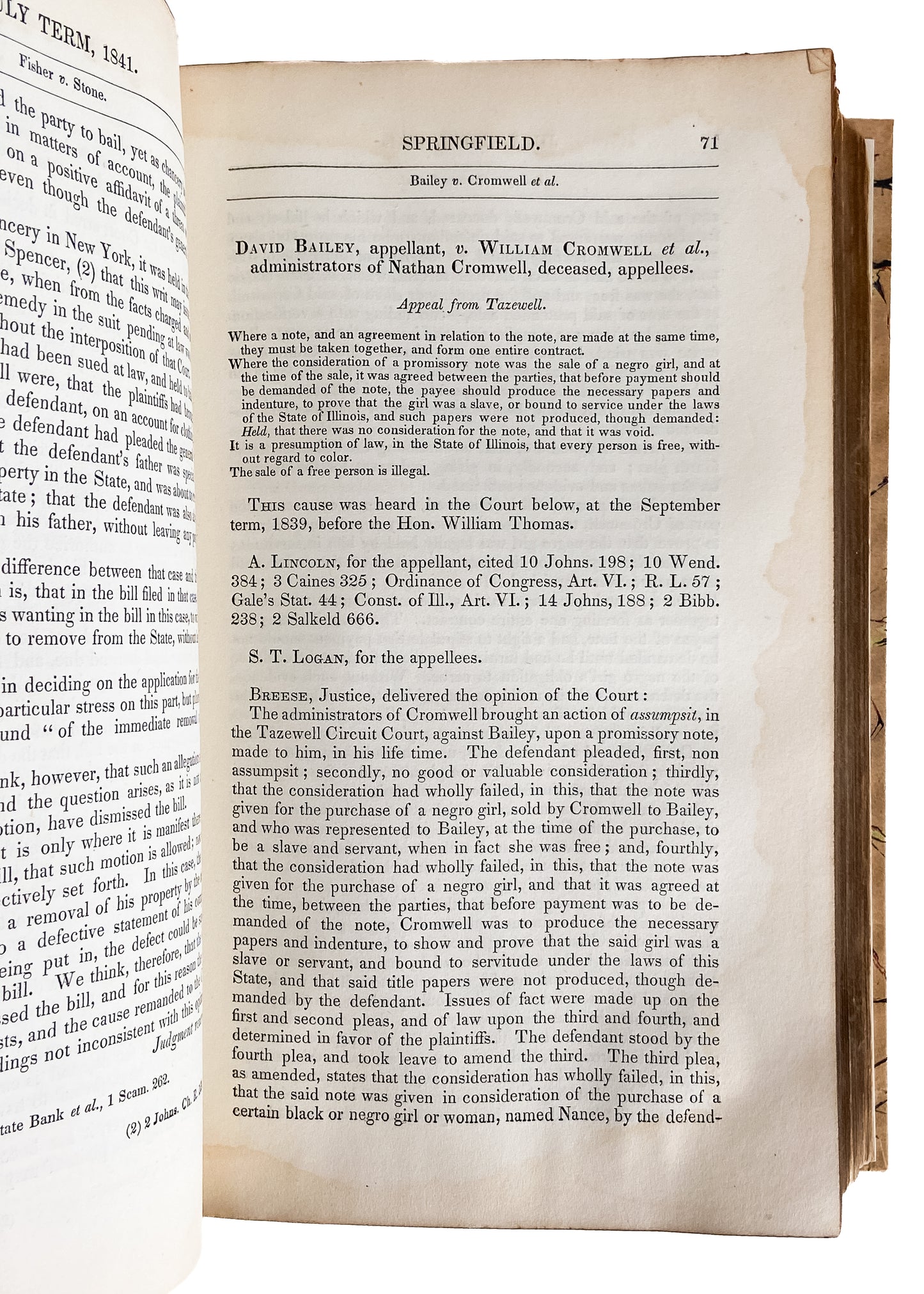 1839-1844 ABRAHAM LINCOLN. Argues the Slave Case that Changed America. Superb Provenance.