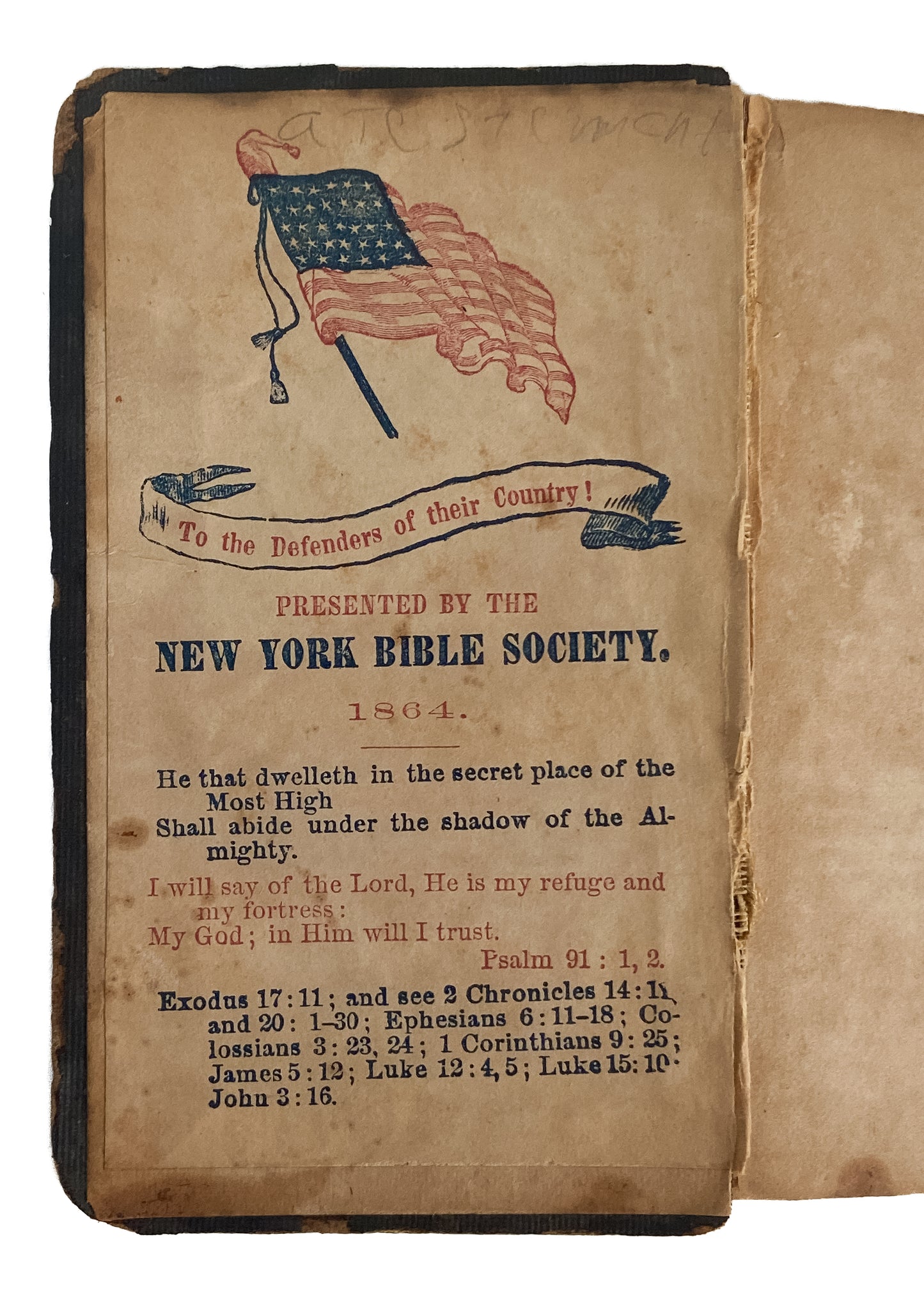 1864 CIVIL WAR POCKET BIBLE. Rare New York Bible Society Soldier Presentation Plate.