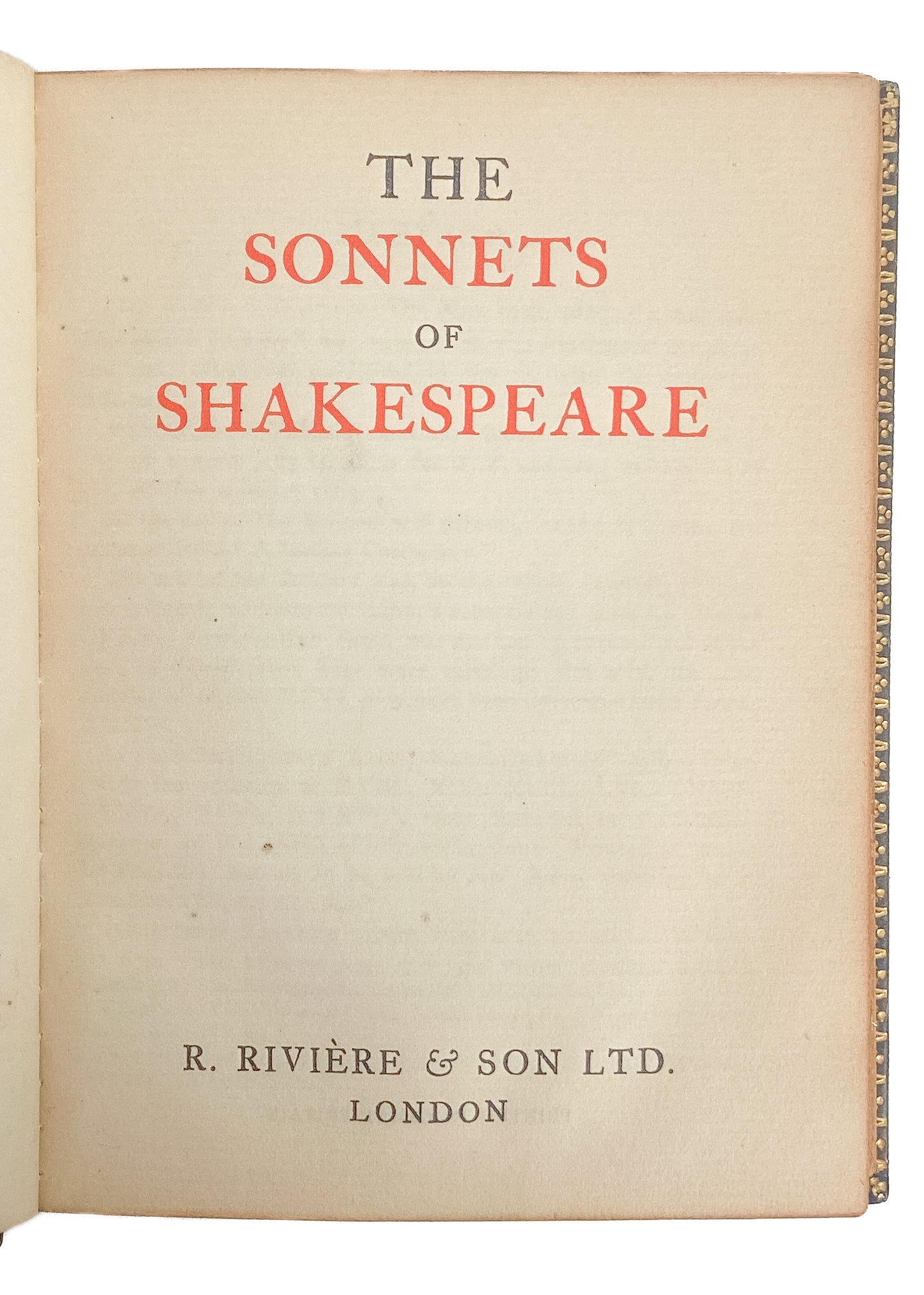 1900. WILLIAM SHAKESPEARE. The Sonnets in Fine Riviere Binding and Finely Printed.