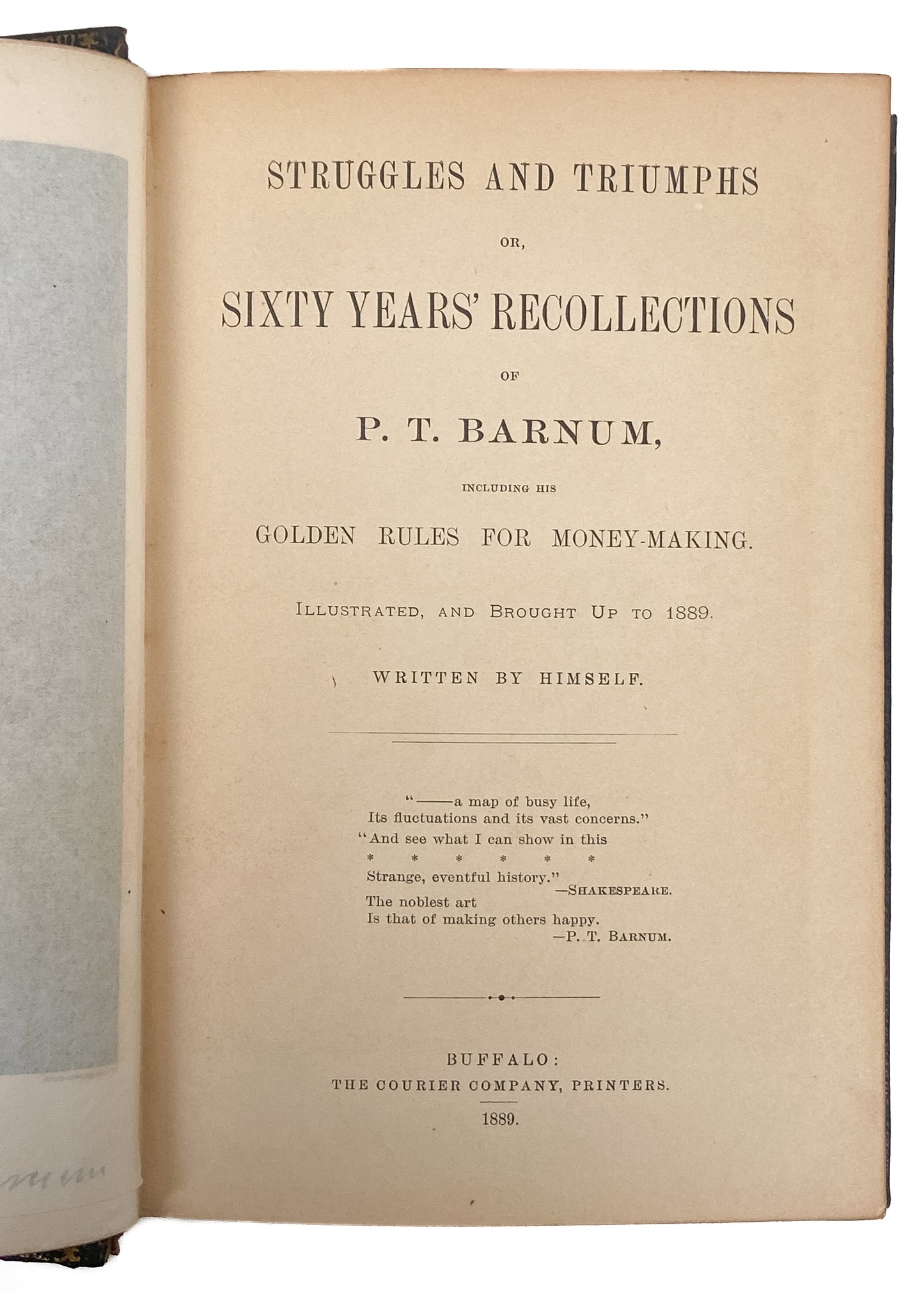 1889 P. T. BARNUM. Fine Binding First Editionof Sixty-Years' Recollections of P. T. Barnum.