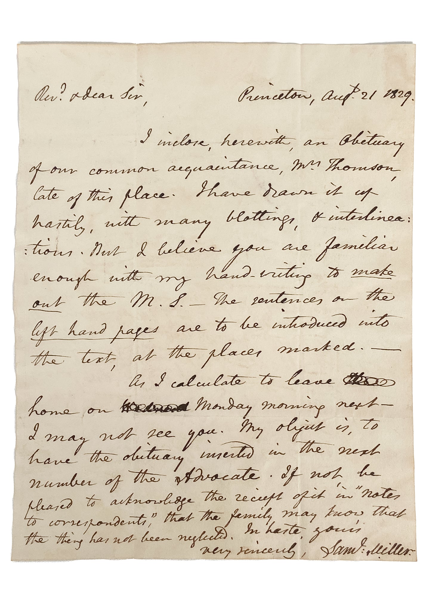 1829 SAMUEL MILLER. Original Manuscript Letter by Influential Presbyterian - Princeton Divine.