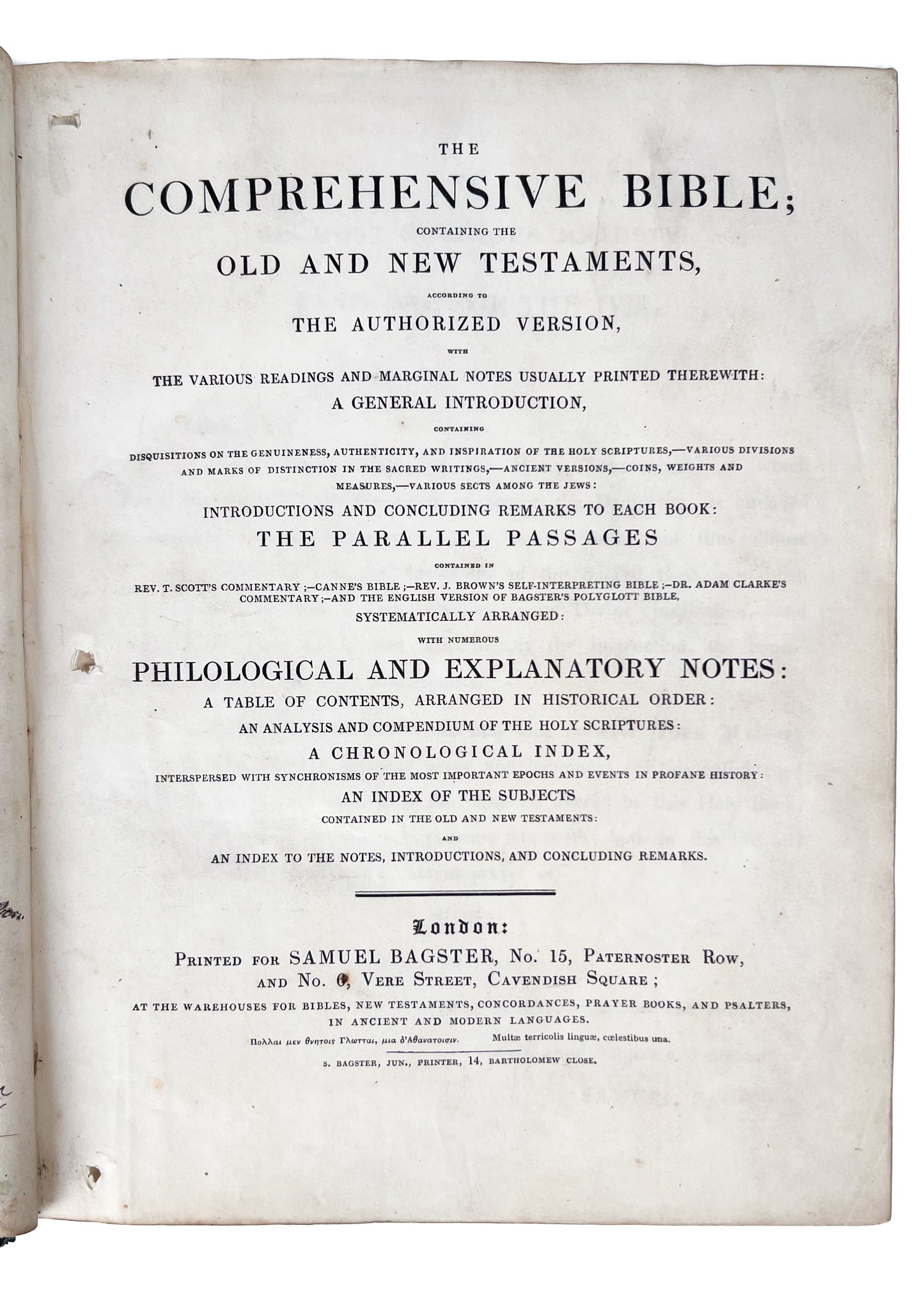 1827 SAMUEL BAGSTER. Large Comprehensive Bible in Superb Black Morocco Binding.