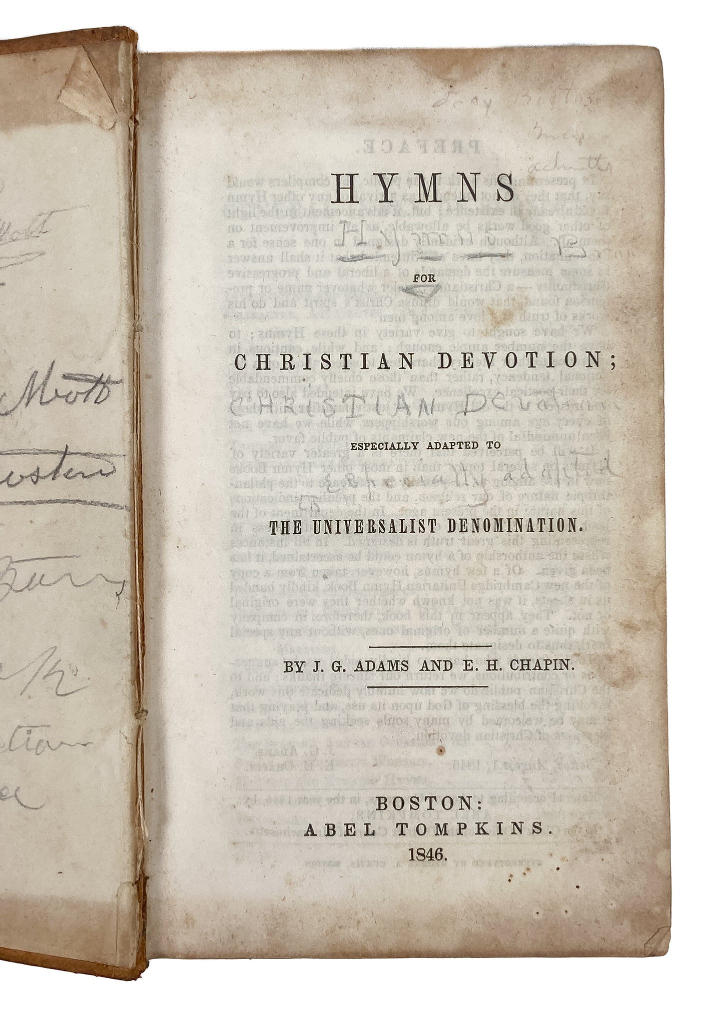 1846 UNIVERSALIST HYMNAL. First Edition of Influential Hymnal Owned by "Wolf in Sheep's Clothing."