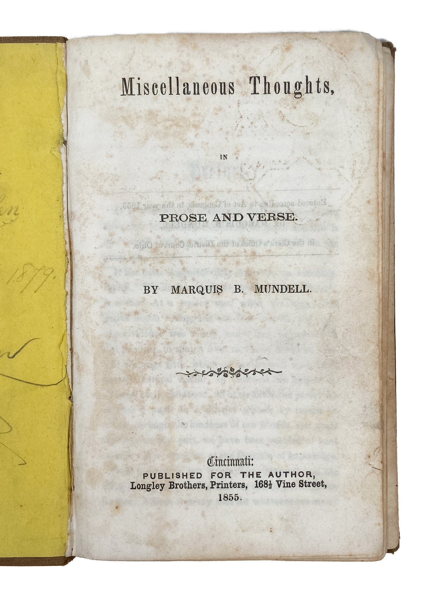 1855 OHIO ABOLITIONIST. Thoughts in Prose and Verse by Marquis Mundell. Very Rare.