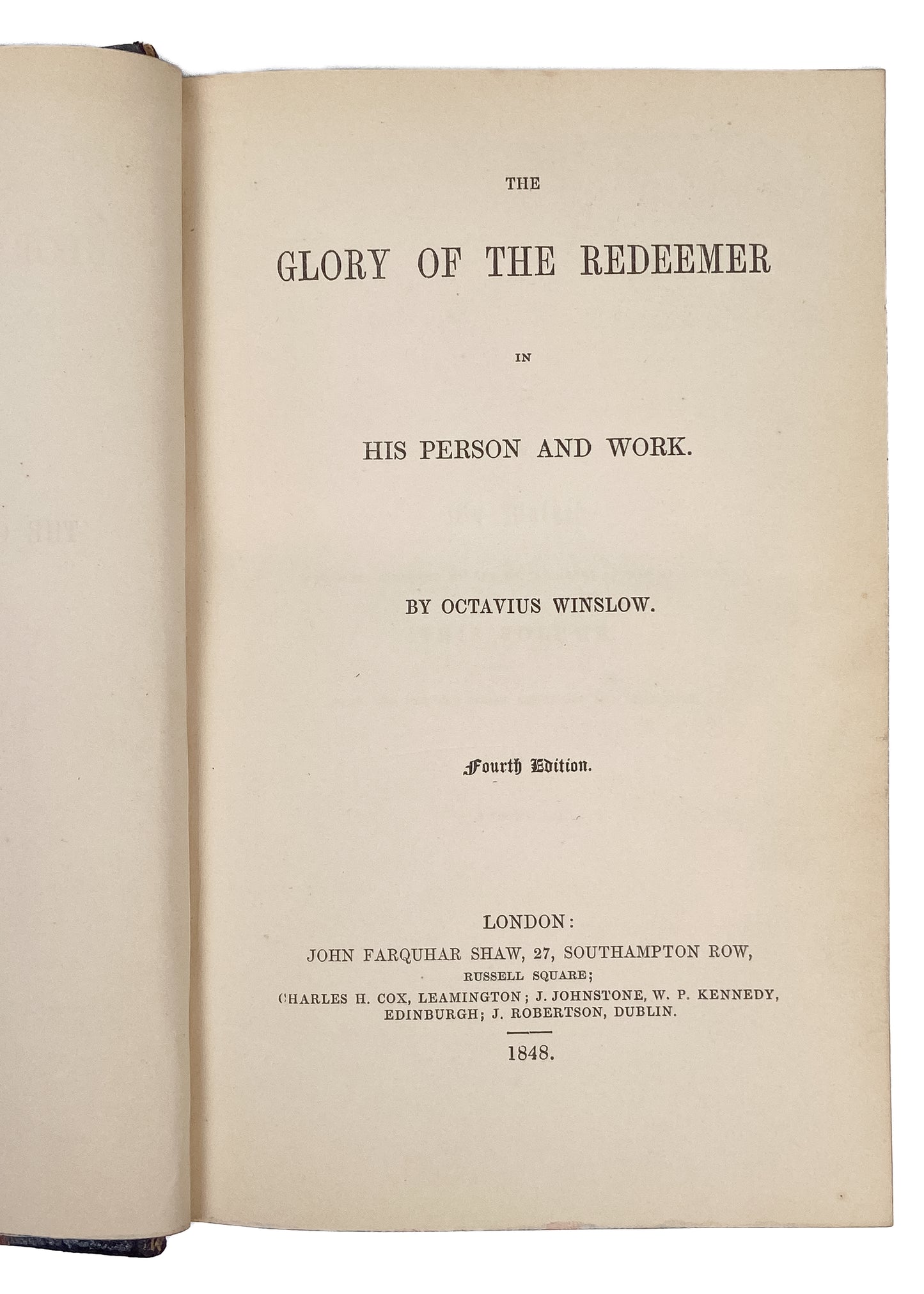 1848 OCTAVIUS WINSLOW. The Glory of the Redeemer. Fine Half Leather Binding.