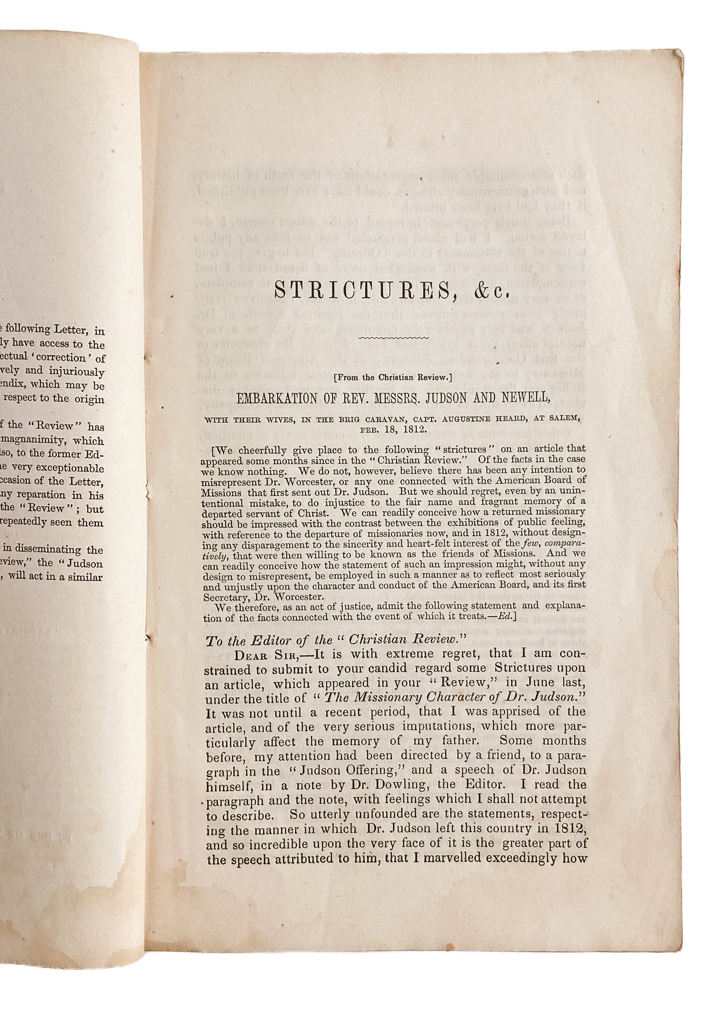 1849 ADONIRAM JUDSON. Correction Regarding Erroneous Statements Regarding His Missionary Departure.