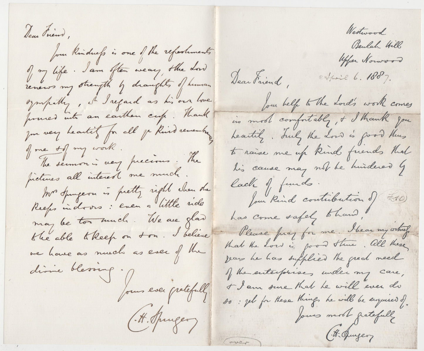 1887 C. H. SPURGEON. Print and Manuscript Letter Regarding His Own Weariness & Mrs. Spurgeon's Health