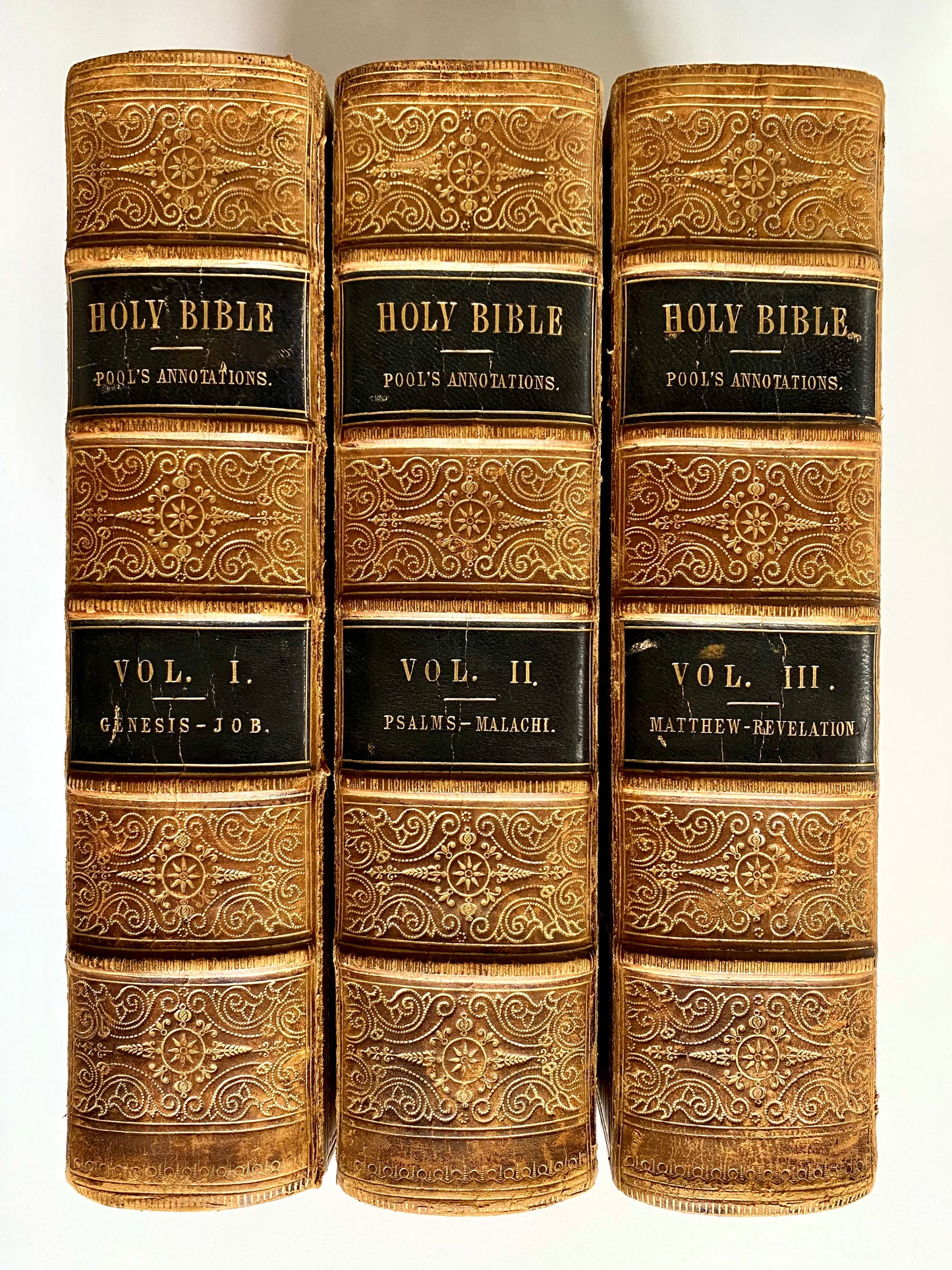 1852 MATTHEW POOL. Annotations on the Holy Bible. Three Large Leather Volumes. NICE!