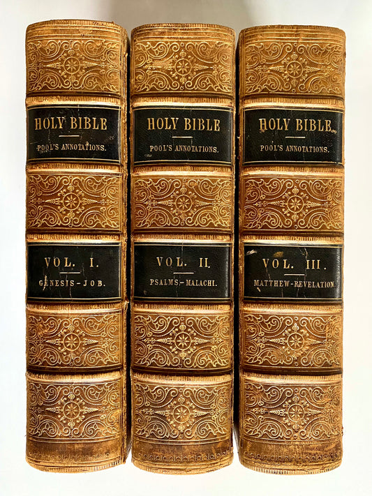 1852 MATTHEW POOL. Annotations on the Holy Bible. Three Large Leather Volumes. NICE!