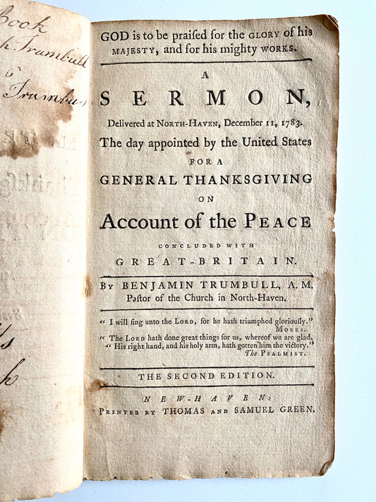 1783 BENJAMIN TRUMBULL. Exceptionally Rare Sermon on Providences & Miracles of God in the American Revolutionary War.