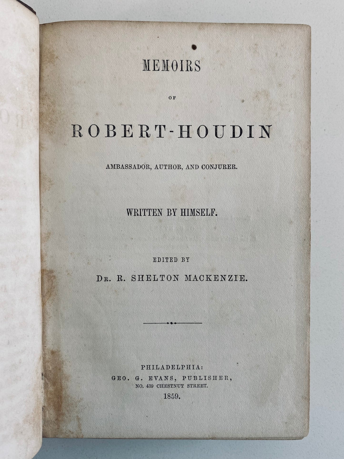 1859 HARRY HOUDINI. Rare Memoirs of Houdini's Namesake, French Conjurer, Robert-Houdin.