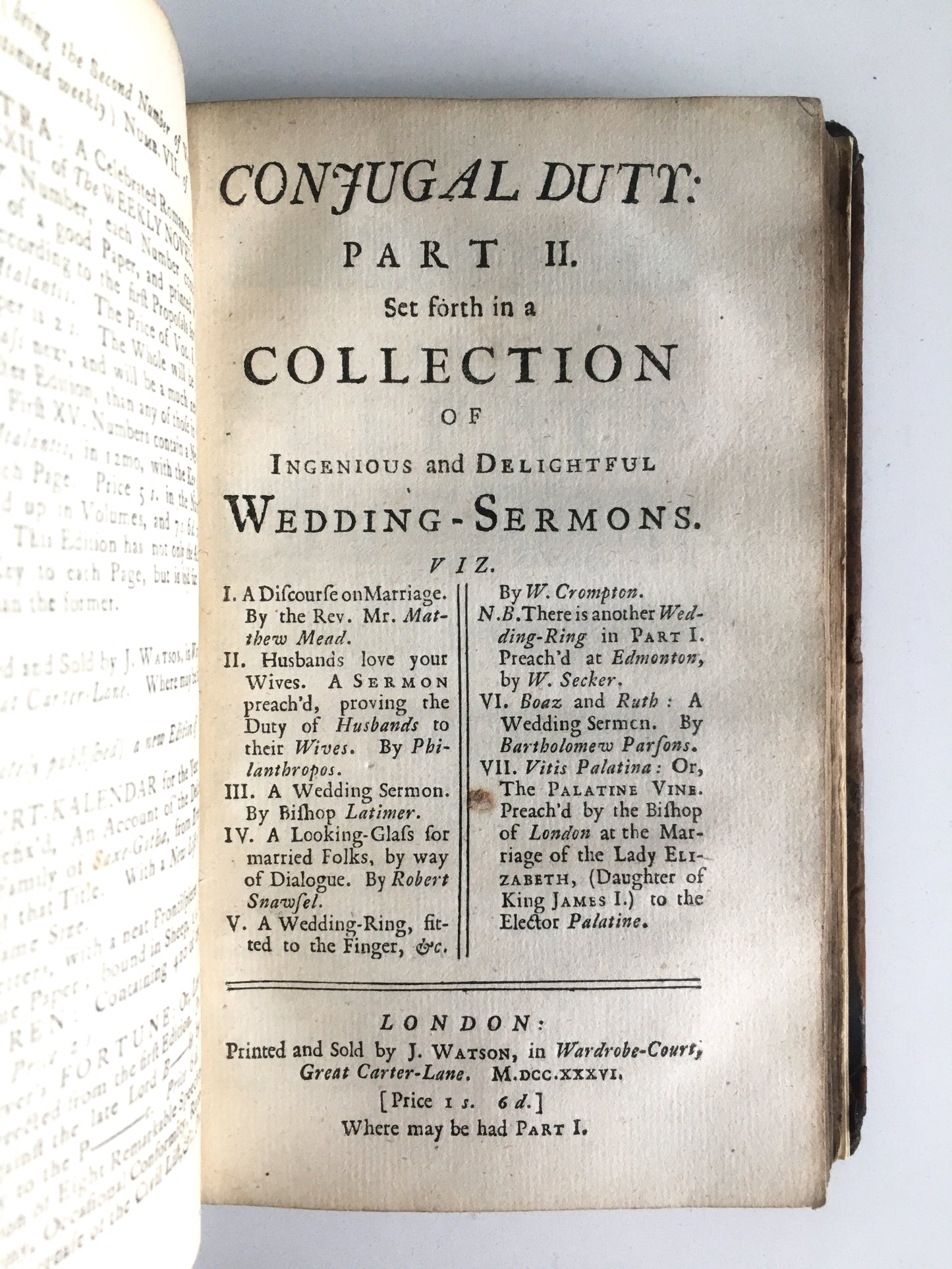 1732 CONJUGAL DUTY. A Collection of Ingenious and Delightful Wedding Sermons.