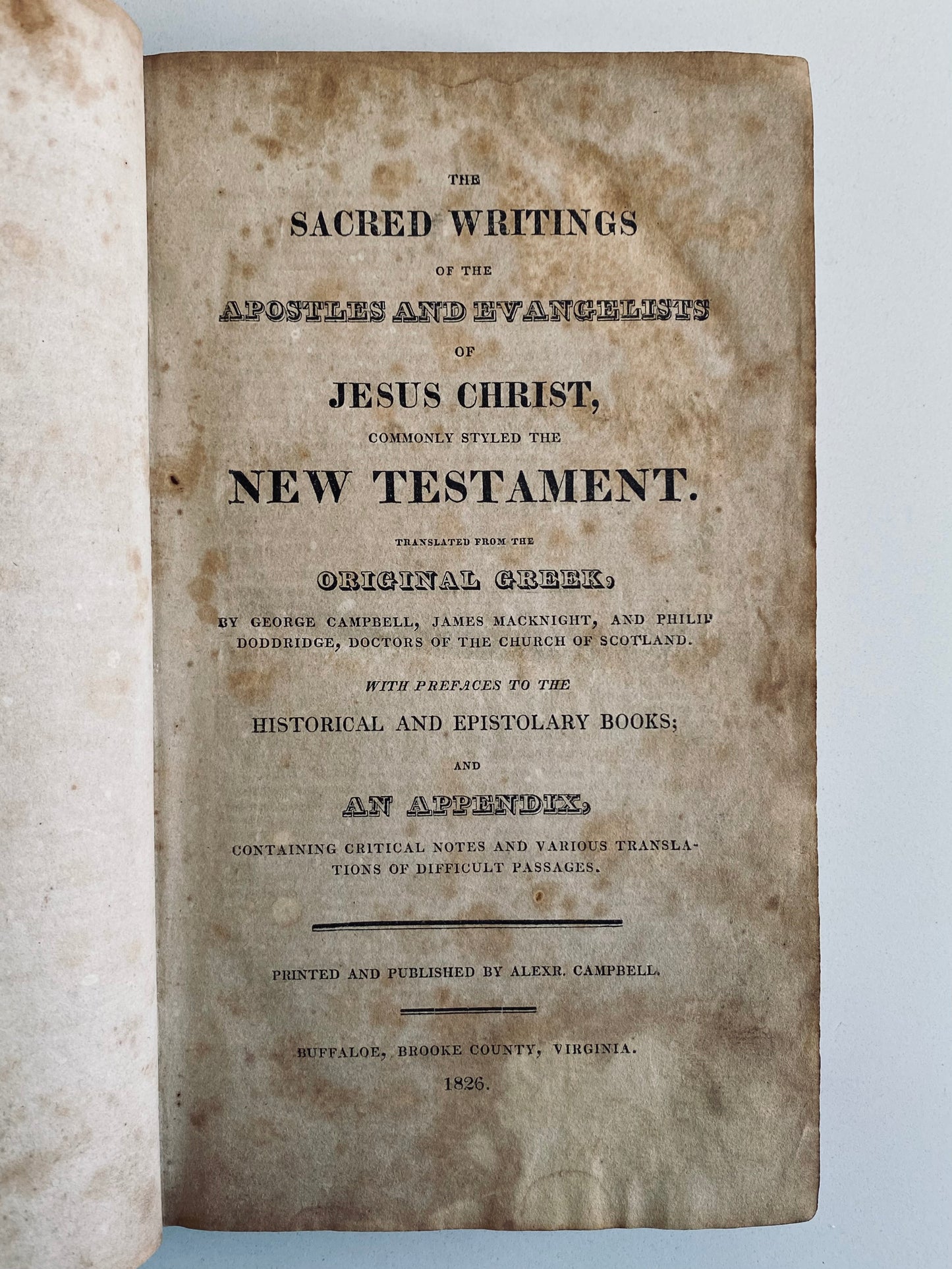 1826 ALEXANDER CAMPBELL. First Edition Christian Baptist Translation of the New Testament. Scarce.