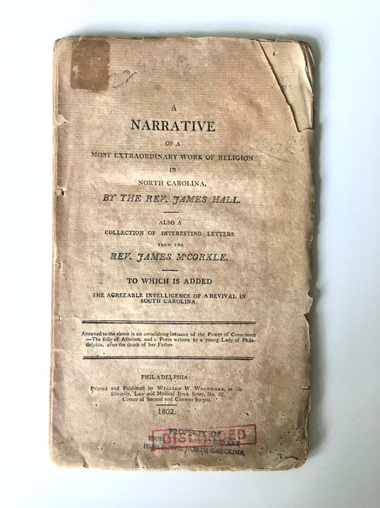 1802 JAMES HALL. Narrative of the Revival in North and South Carolina. Rare