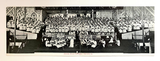 c.1910 ALEXANDER DOWIE. Rare Double Photographic Postcard w/Crutches on Wall, &c. Divine Healing & Revivalism