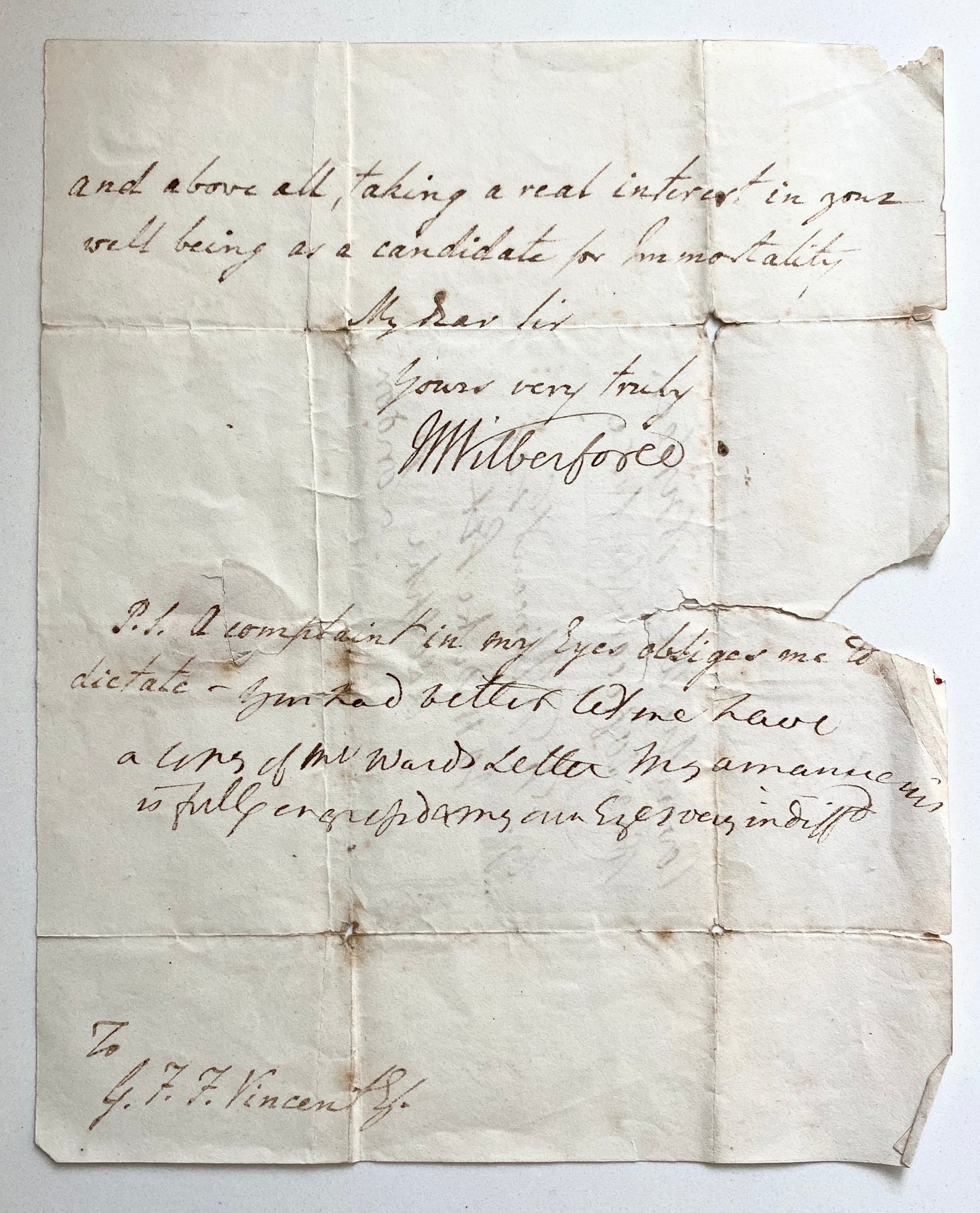 1813 WILLIAM WILBERFORCE. Partial Autograph Letter Taking an Interest in the Recipient's "Immortality."