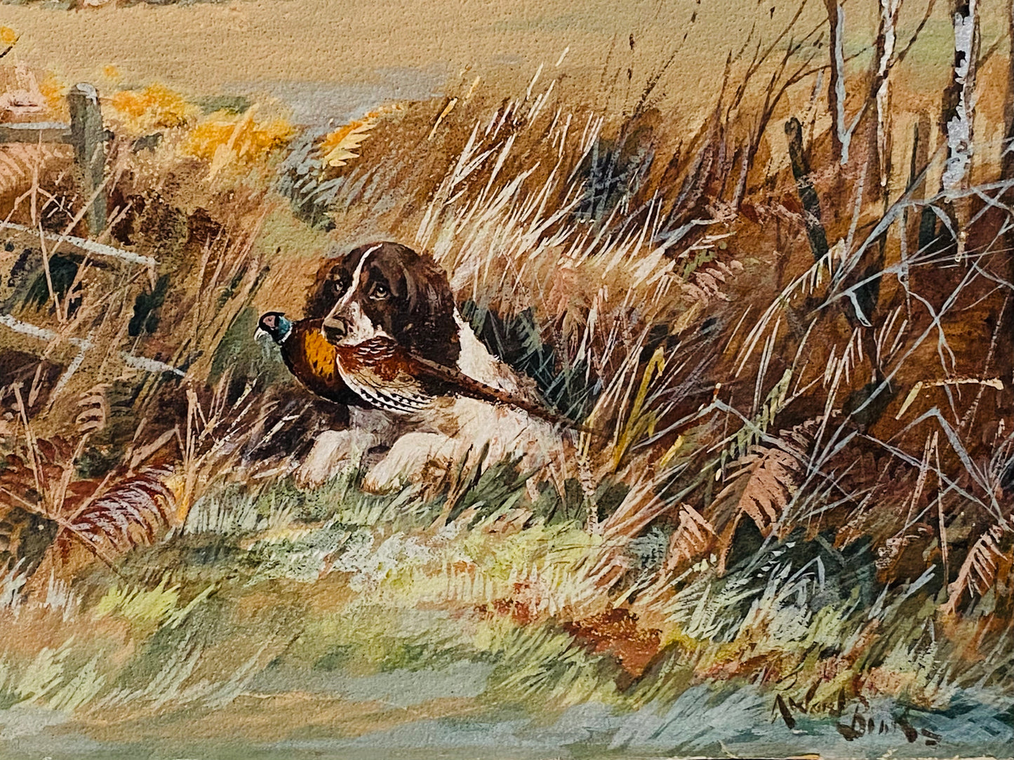 1920 REUBEN WARD BINKS. Superb Springer Spaniel Hunting Pheasant Original Painting.