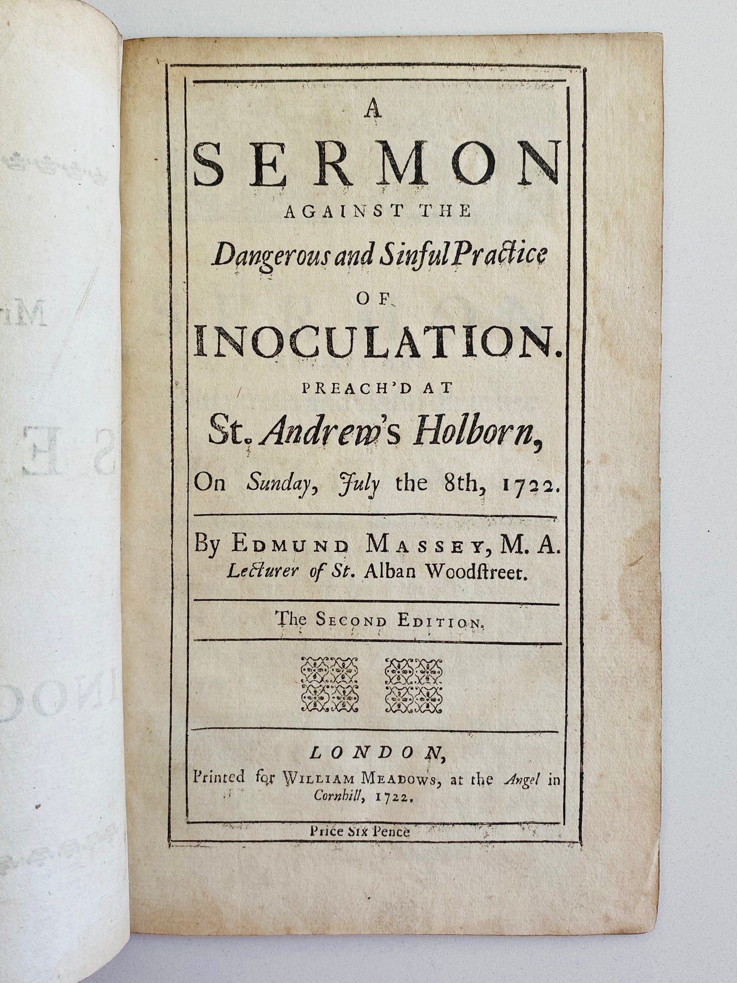 1722 EDMUND MASSEY. Sermon against the Dangerous and Sinful Practice of Inoculation. Scarce on Vaccinations!