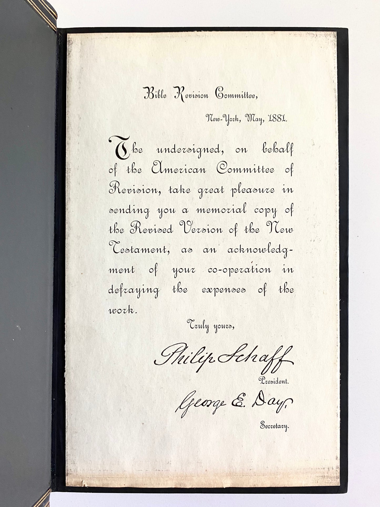 1881 REVISED NEW TESTAMENT. First American Edition Gifted to Financial Supporters in Fine Binding.