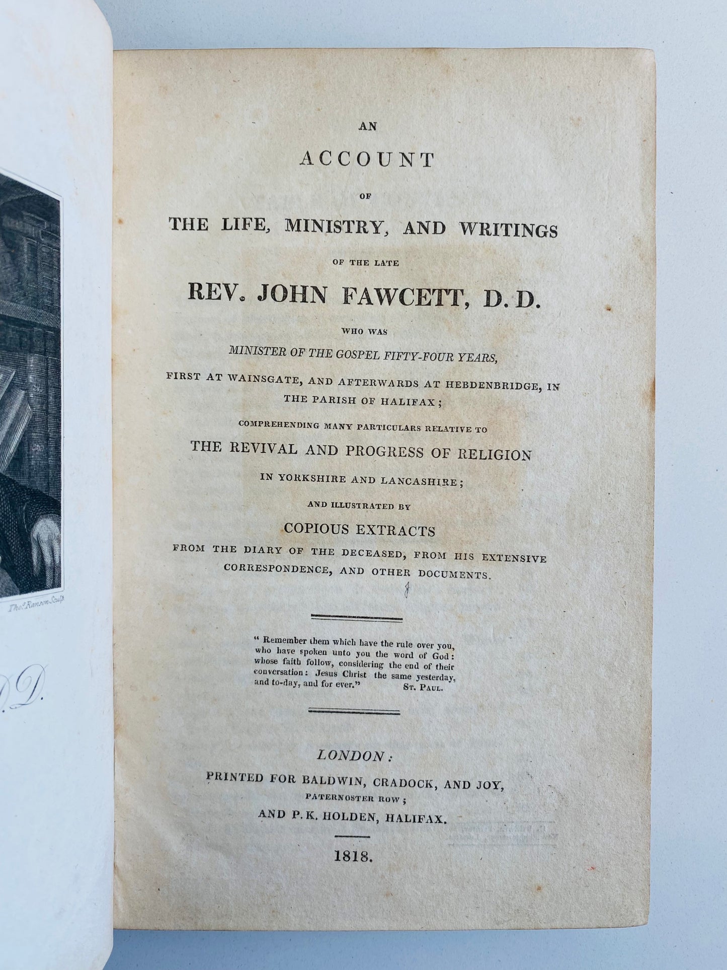 1761 JOHN FAWCETT. Rare Autograph Letter and Fine Biography of Important Baptist Divine.