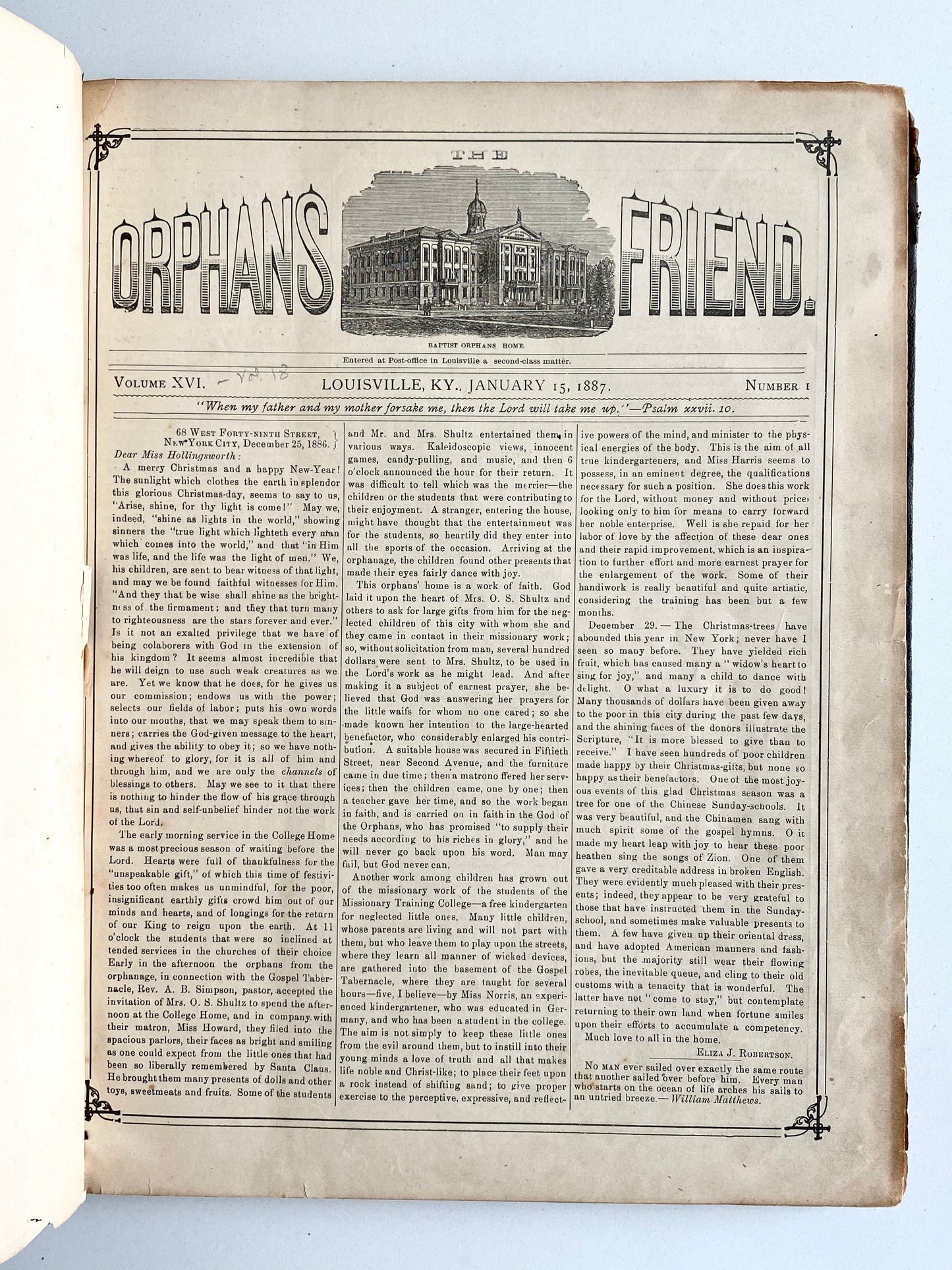 1887-1889. THE ORPHAN'S FRIEND. Kentucky Mission to Civil War Orphans. Rare.