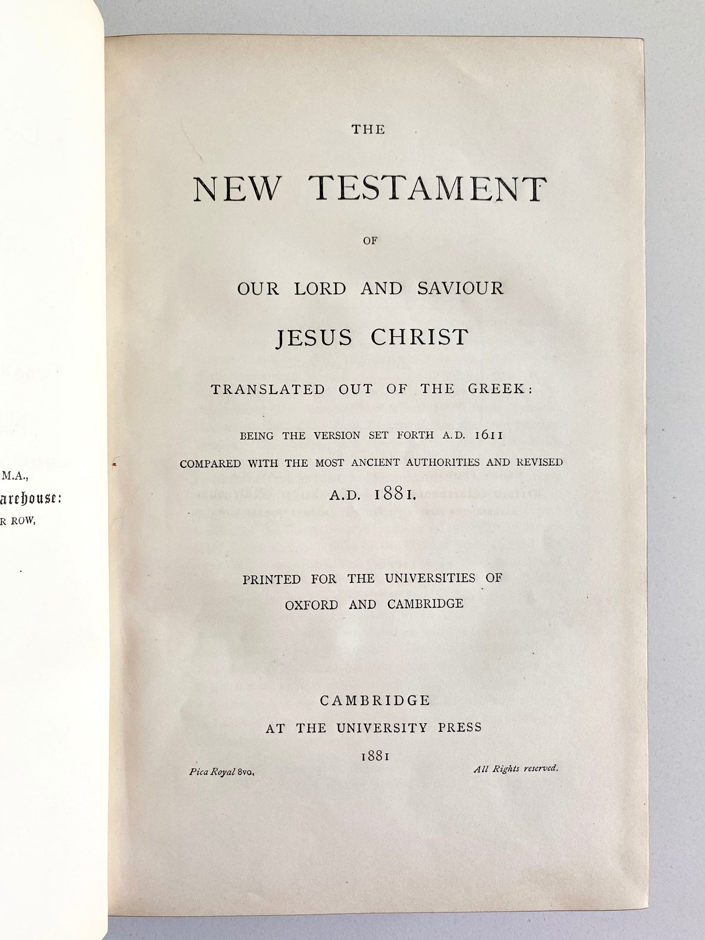 1881 REVISED NEW TESTAMENT. First American Edition Gifted to Financial Supporters in Fine Binding.