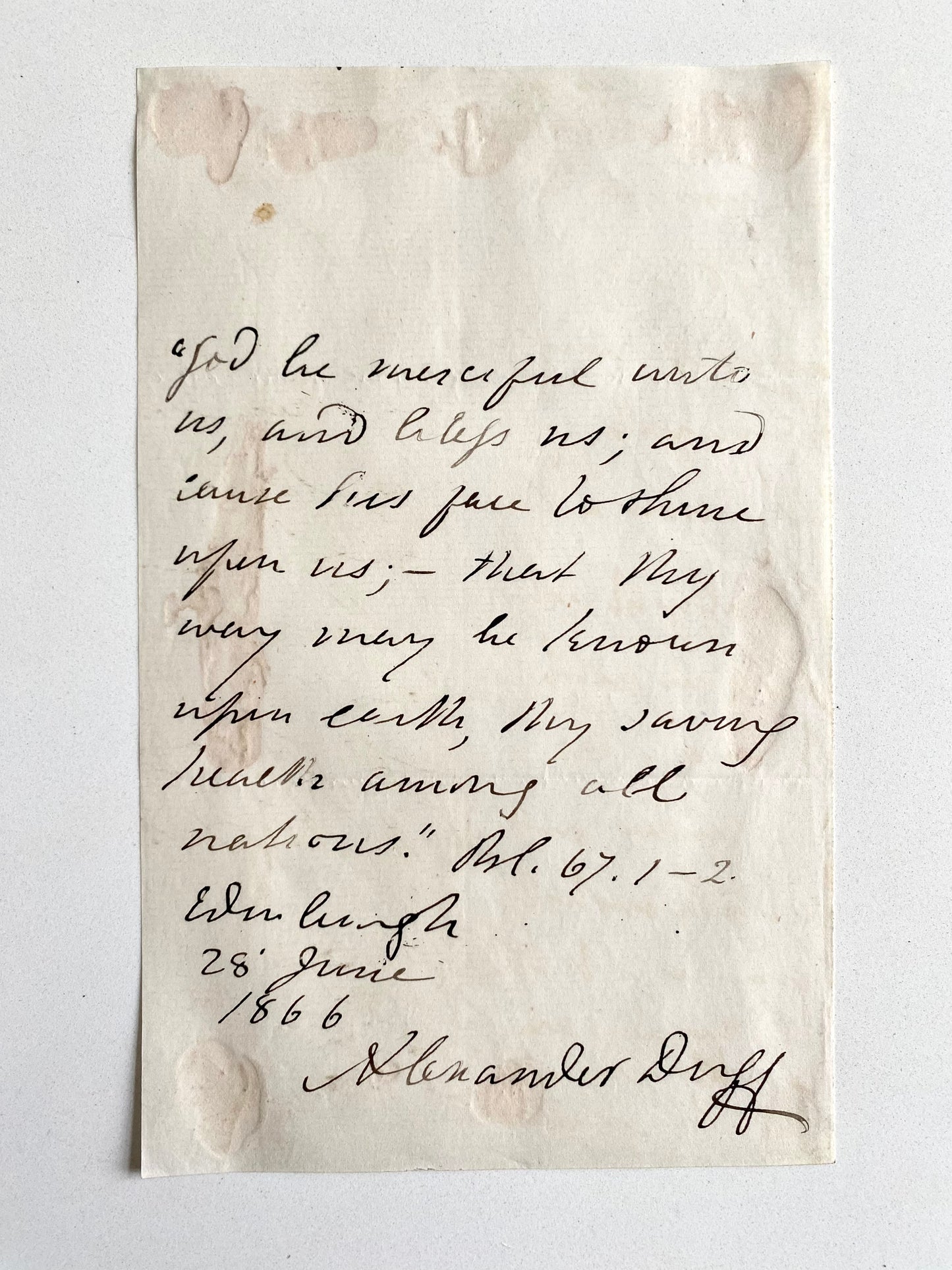 1866 ALEXANDER DUFF. Fine Autograph Quotation on Foreign Missionaries by "The" Scottish Missionary of the Era.