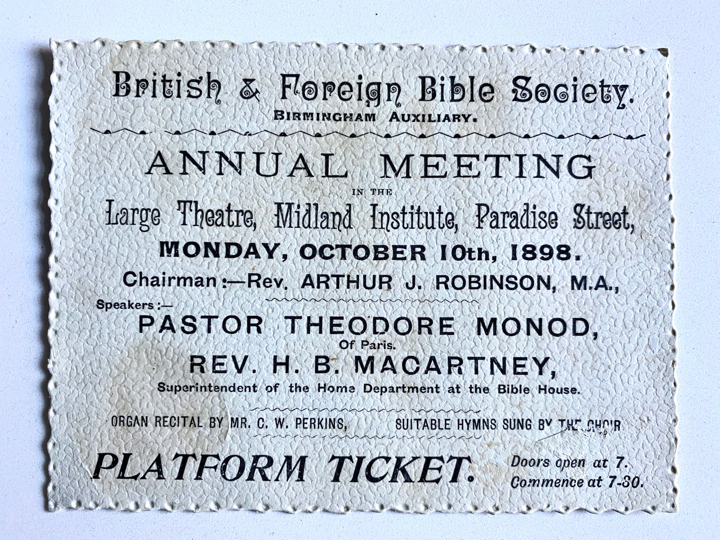 1898 KESWICK - THEODORE MONOD. Rare Bible Society Meeting Platform Ticket - Keswick Autographed!