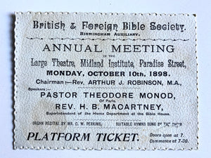 1898 KESWICK - THEODORE MONOD. Rare Bible Society Meeting Platform Ticket - Keswick Autographed!