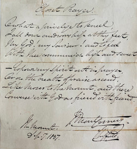 1837 JAMES MONTGOMERY. Unpublished Manuscript Variant of His Hymn, "Closet Prayer."