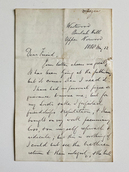 1888 C. H. SPURGEON. A Weary Spurgeon Laments the Down-Grade Controversy to Andrew Bonar!