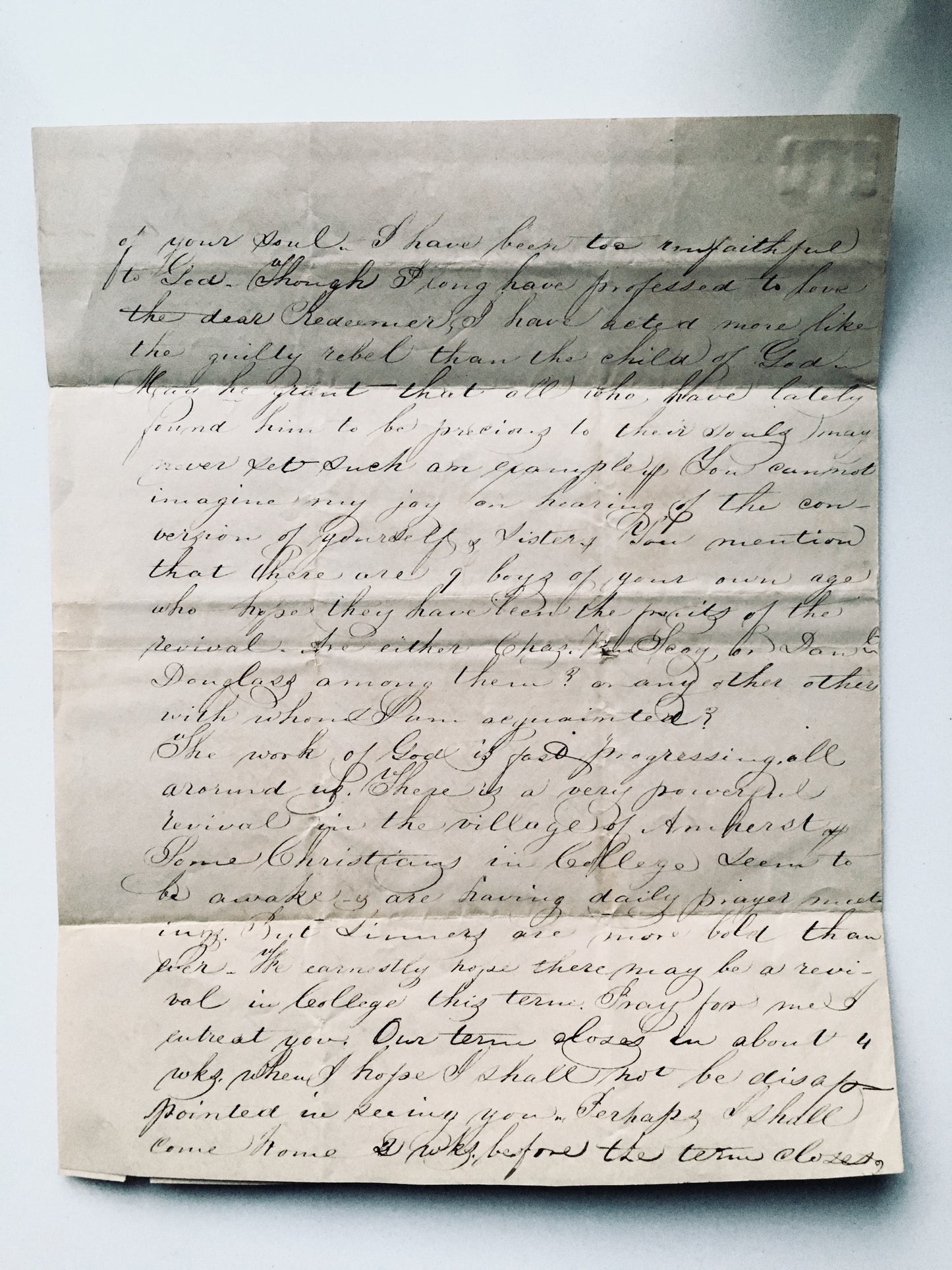 1838 AMHERST REVIVAL. Important Two Page Unpublished First-Hand Letter on the Work of God