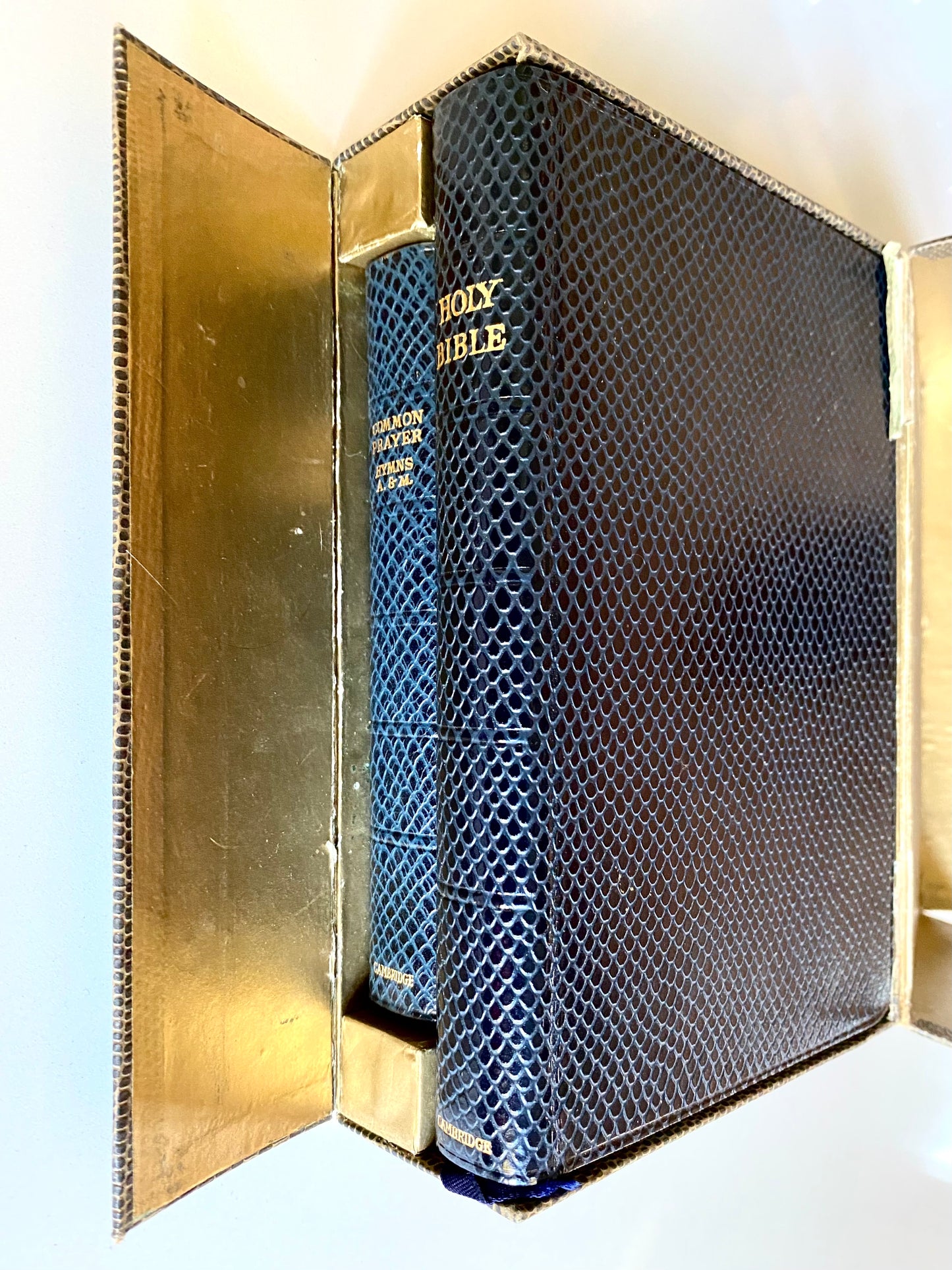 1950 CAMBRIDGE BIBLE. Rare Snakeskin Binding in Snakeskin Presentation Box.