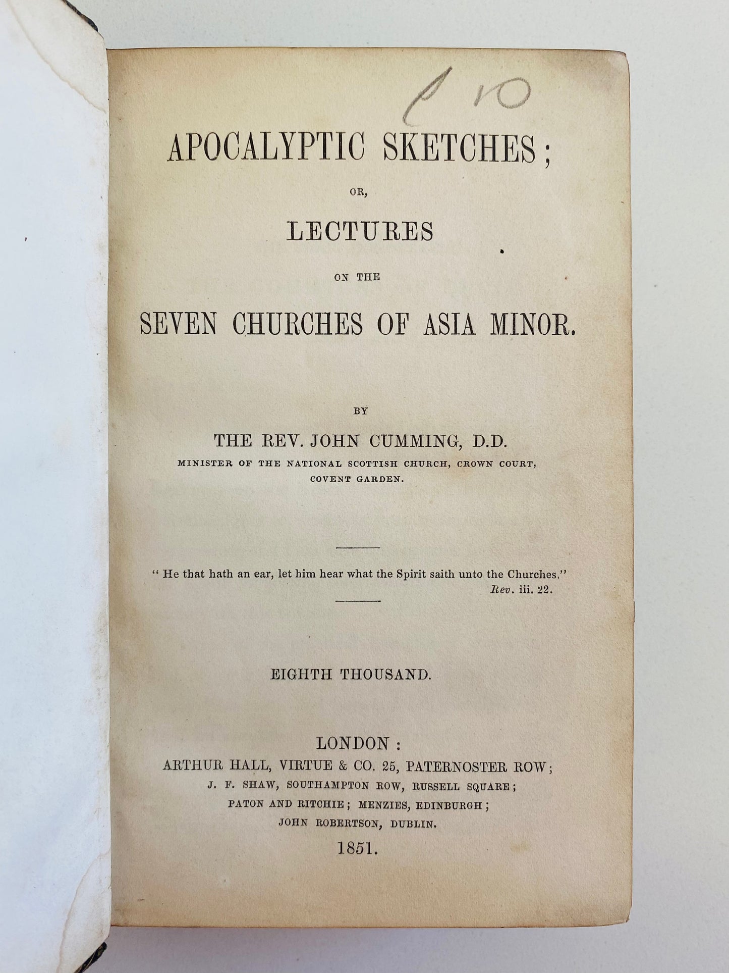 1851 JOHN CUMMING. Apocalyptic Sketches; Lectures on the Seven Churches of Asia. Attractive Leather Binding.