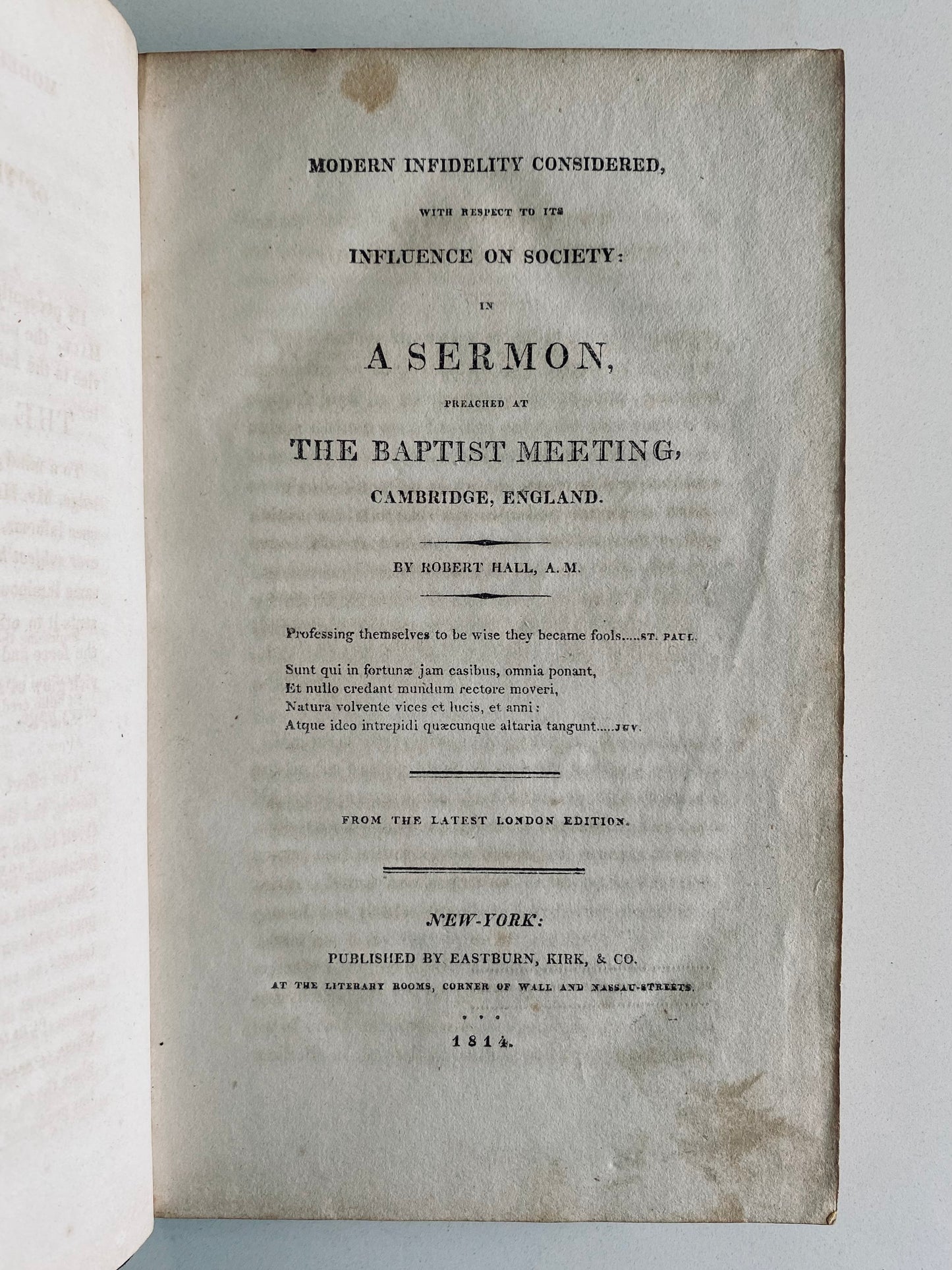 1814 ROBERT HALL. Sermon on Various Subjects. First Edition. Rare Baptist Publication.