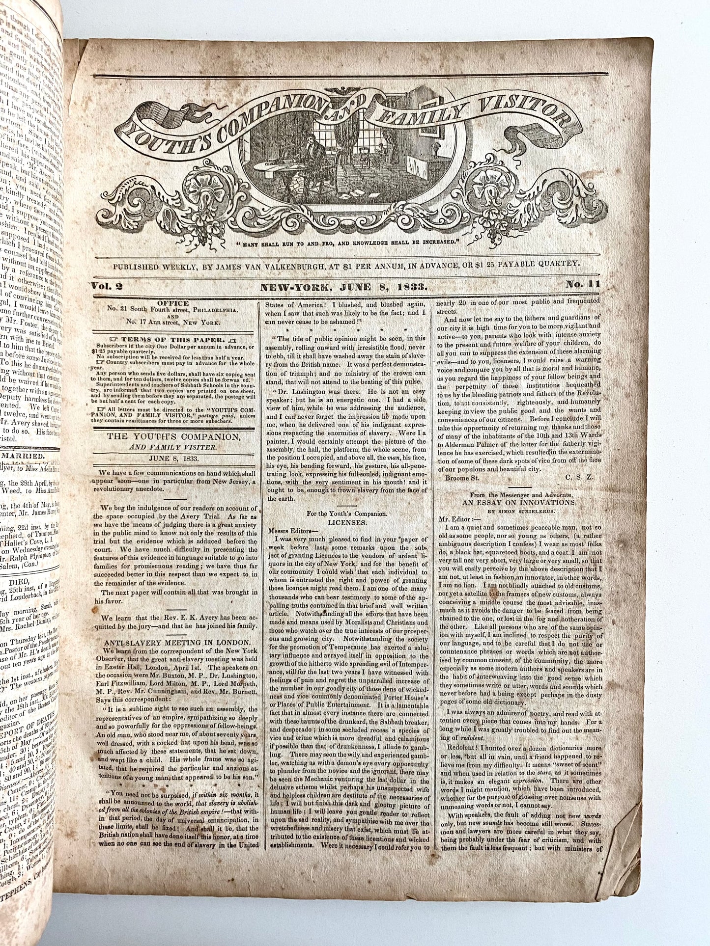 1833-34 YOUTH'S COMPANION. Colonization, Slavery, Liberia, Pastoral Murderer, Cholera, J. J. Audubon, &c