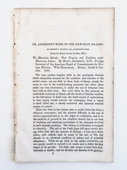 1865 ANDREW P PEABODY. Review of Dr. Anderson's Work on Missionary Work in Hawaii / Sandwich Islands