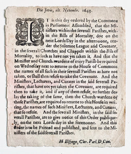 1643 WESTMINSTER ASSEMBLY. Rare Broadside Issued by Parliament Enforcing Presbtyerianism as National Religion of England.