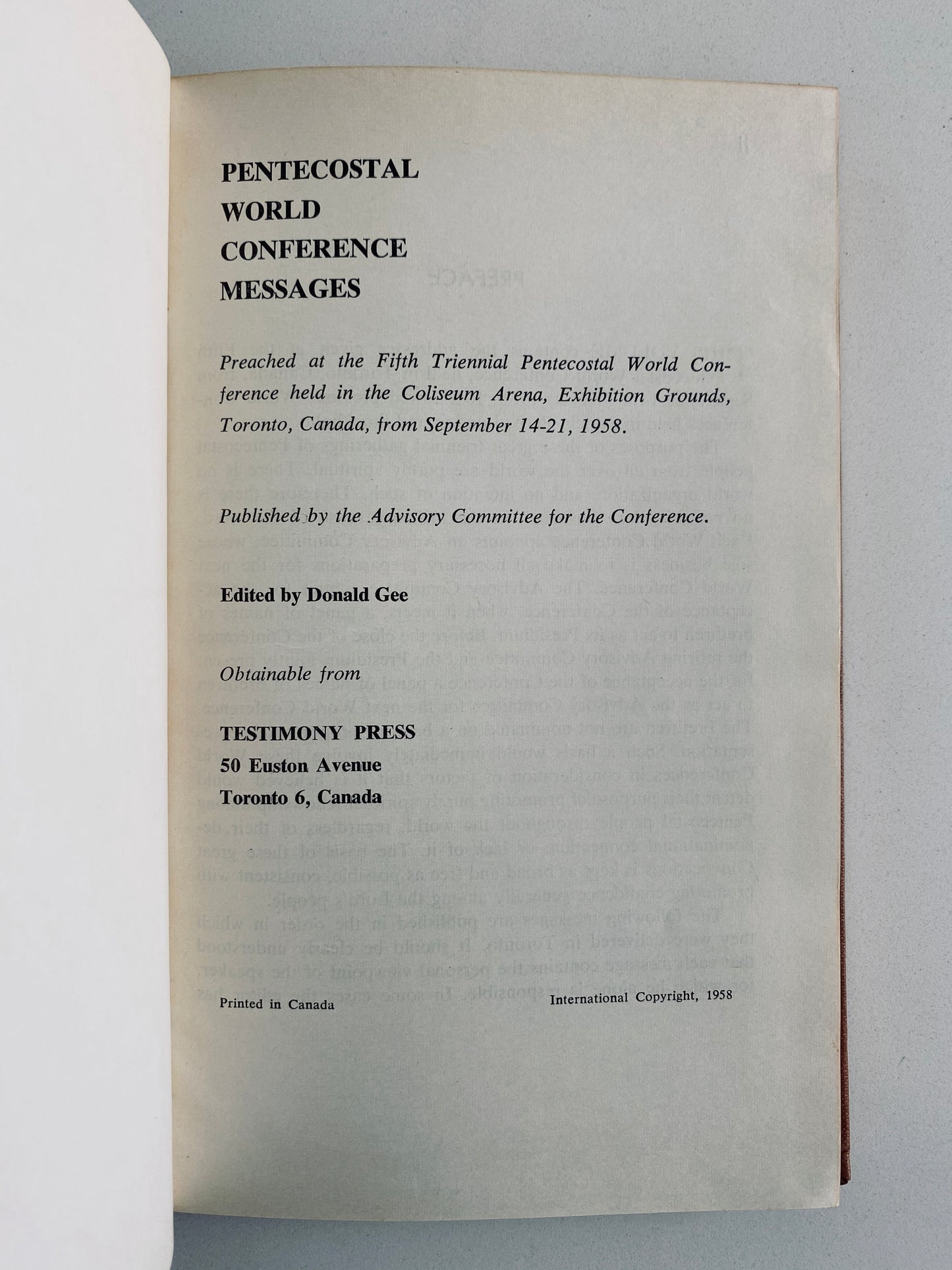 1958 PENTECOSTAL. Pentecostal World Conference Messages. Very Good!