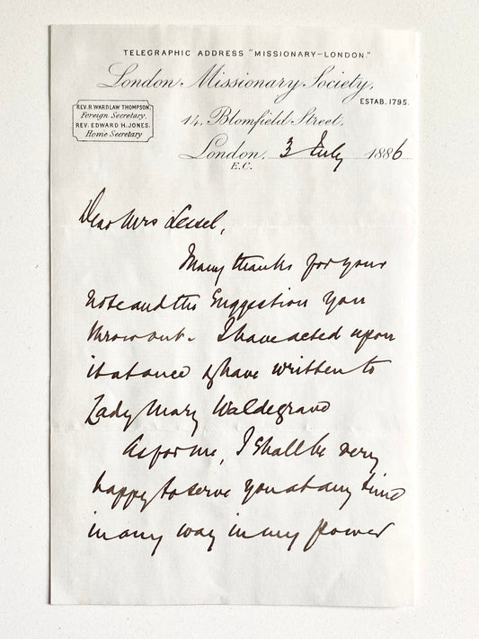 1886 LONDON MISSIONARY SOCIETY. R. Wardlaw Thompson Tries to Assist a Missionary's Widow.