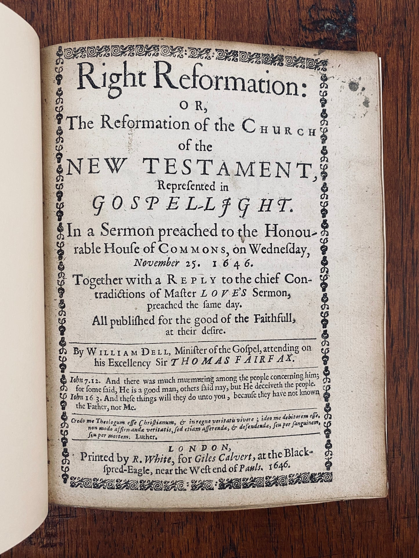 1646 WILLIAM DELL. The Right Reformation of the Church - Not a Political Entity! Rare!