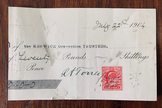 1904 R. A. TORREY. Signed Check from the Keswick Convention for Preaching!