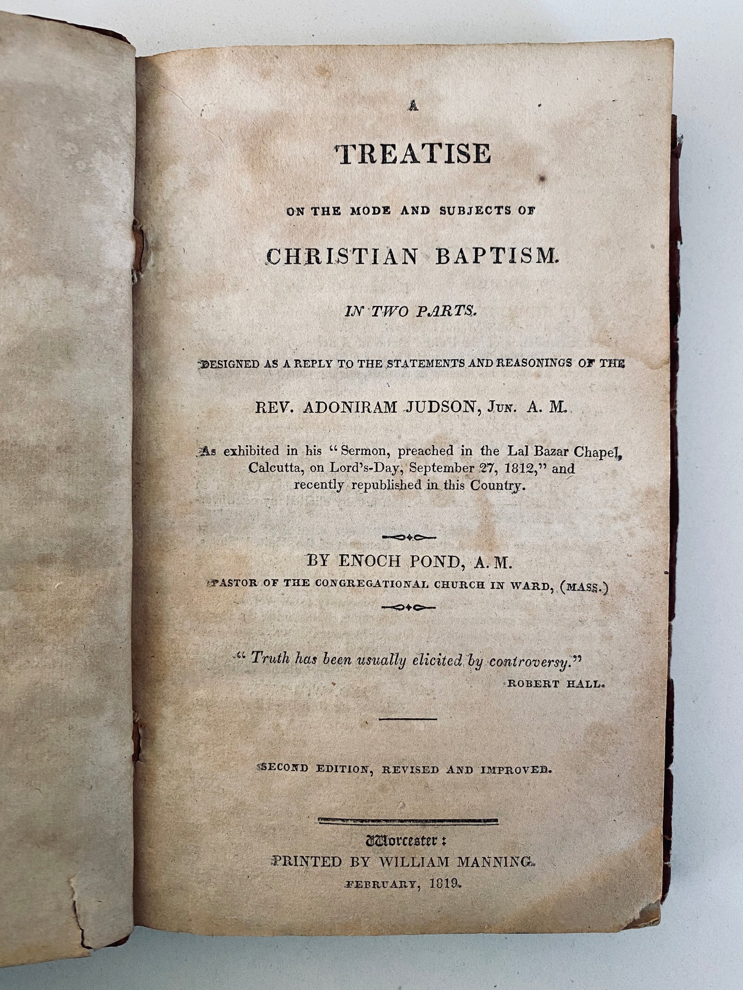 1819 ADONIRAM JUDSON. Treatise on Baptism in Reply to Adoniram Judson. Fascinating Binding