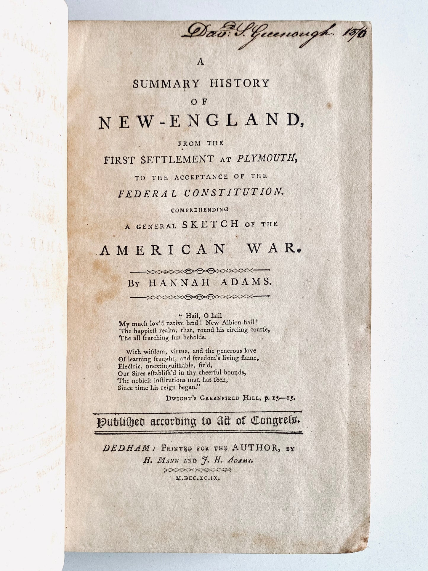 1799 HANNAH ADAMS. History of Revolutionary War - First Full-Time Female Author in America!