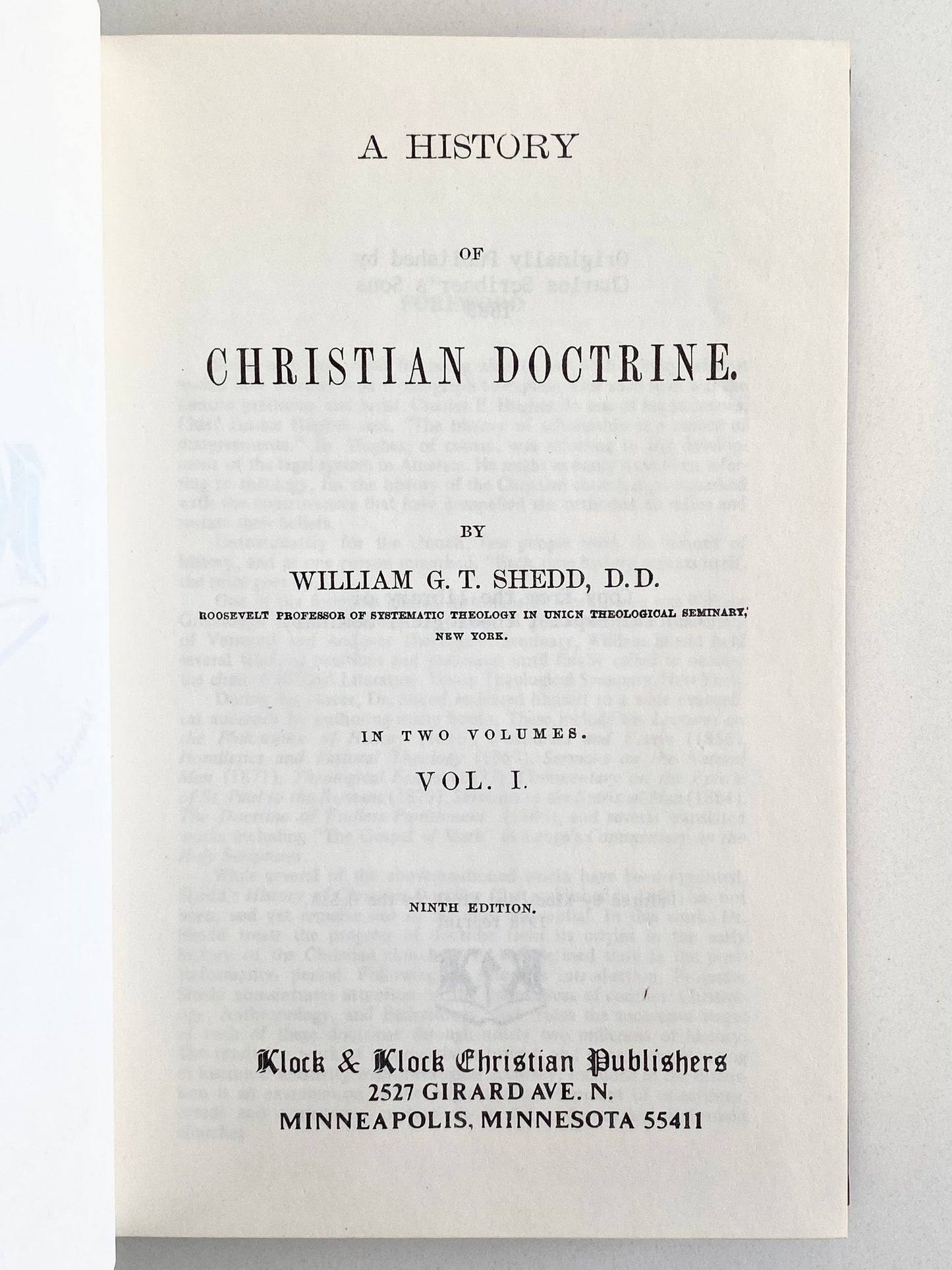 1889 / 1978. WILLIAM G. T. SHEDD. History of Christian Doctrine. Two Volume Klock & Klock.