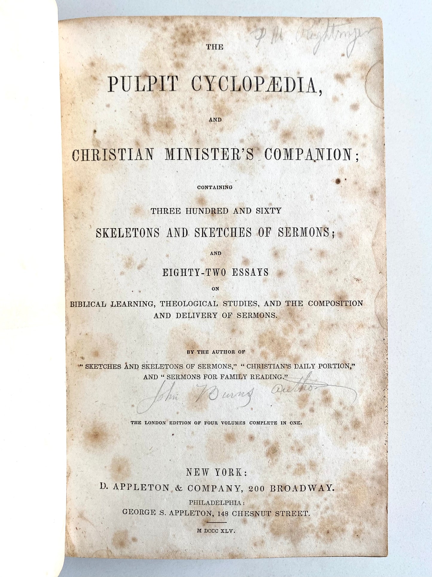 1845 JABEZ BURNS. The Pulpit Cyclopedia. Sermon Sketches, Skeletons, and Sermons on Preaching.